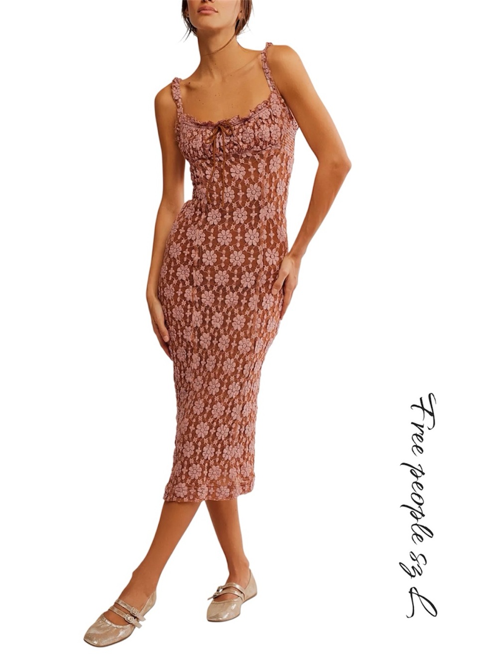Free People Lucinda Lace Midi Dress Ginger Brown Sz L NWT